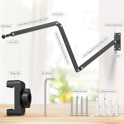 Wall Mount Phone Holder,Phone Holder for Desk Bed,3-Stage Aluminium iPhone Stand,Foldable Extendable Arms Heavy Duty Drilling Base,Compatible with 3.5~7.5" iPhone/HTC/LG/Huawei/Galaxy/Smartphones