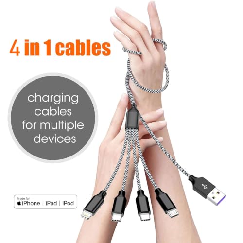 4 in 1 Multi Charging Cable 4ft 2 Pack,Braided MFi Certified Charger Cable - color: Black Grey-4ft