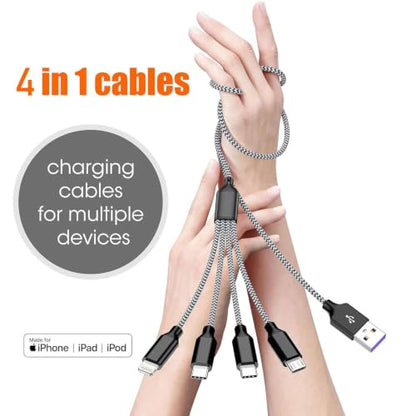 4 in 1 Multi Charging Cable 4ft 2 Pack,Braided MFi Certified Charger Cable - color: Black Grey-4ft