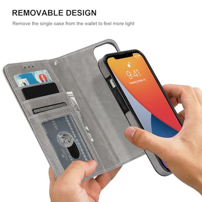 Bocasal Detachable Wallet Case Card Holder for iPhone 13, Grey | RFID Blocking Kickstand Card Slots Holder PU Leather Magnetic Shockproof Wrist Strap Removable Flip Protective Cover 6.1 inch - color: Gray