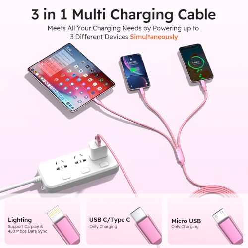 USB A/C Multi Charger Cable，3 in 1 Charging Cable for Multiple Devices - color: Pink+Gold