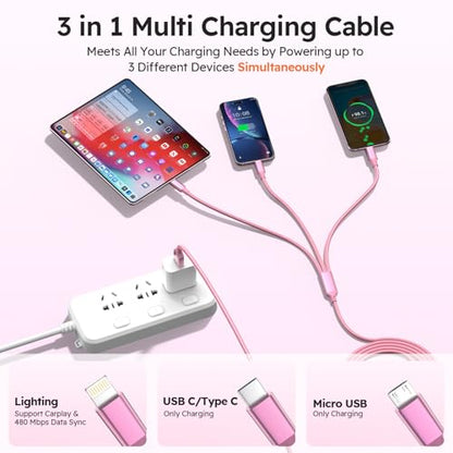 USB A/C Multi Charger Cable，3 in 1 Charging Cable for Multiple Devices - color: Pink+Gold