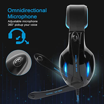 SADES SA902 Stereo Gaming Headset 7.1 USB Surround Sound PC Headsets Over-Ear Gaming Headphones with Microphone LED Light Black Blue