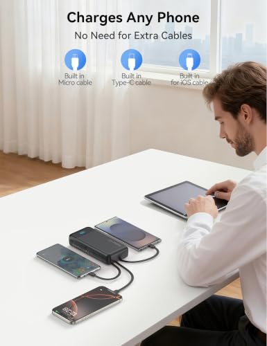Nusyddy Portable Charger 20000mAh with 4 Built-in Cables & 6 Outputs Black - color: Ebony