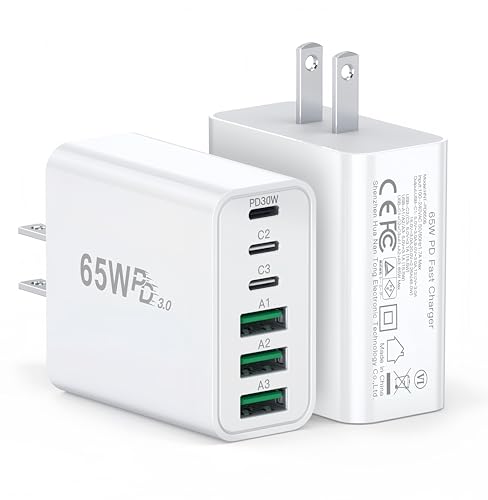 65W USB C Wall Charger Block, 2 Pack GaN 6-Port Charging Brick Fast Charger, 45W PD3.0 Power Adapter Plug Cube for iPhone 17/16/15/14 MacBook Air, iPad, Samsung for Home Travel