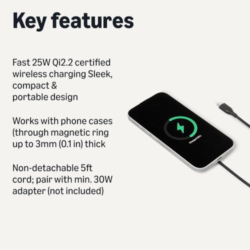 Amazon Basics 25W Qi2.2 Certified Wireless Charging Pad, MagSafe Compatible for iPhone 17/16/15/14/13/12, Magnetic Compatible for Android, Google Smartphones, Black (Adapter Not Included) - color: Black