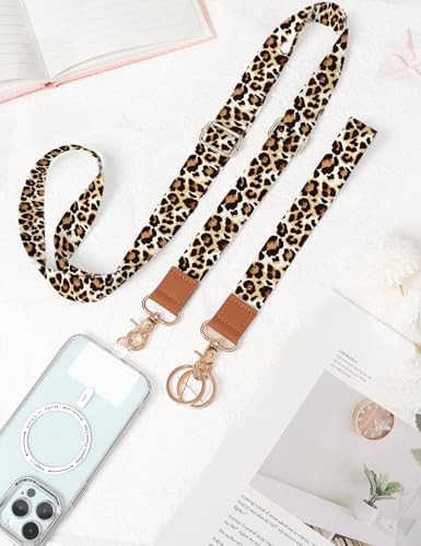 Phone Lanyard Crossbody Strap, Adjustable Neck Strap and Wristlet Strap for Phone Wallet ID Badge with 2 Phone Tabs - color: Leopard Print