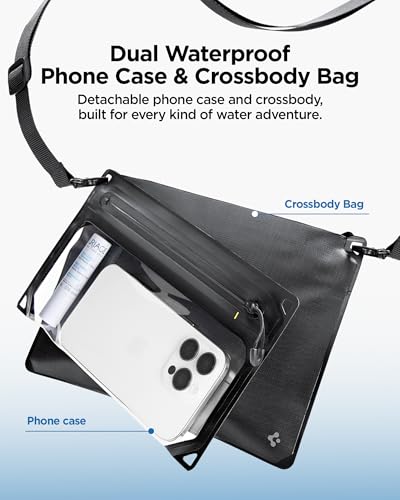 Spigen Aqua Shield for Waterproof Phone Pouch & Crossbody Bag Set — IPX8, Detachable Dual System, Touch-Through Window, Adjustable Strap — Beach, Pool, Water Sports | Black, Swimming and Travel, Adjustable Long Belt, IPX8 Waterproof Case, Compatible with