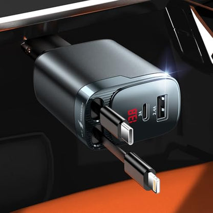 84W Retractable Car Charger, 4-in-1 Car Charger USB C Fast Charge Adapter - size: 1 Pack
