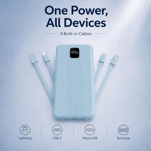 10000mAh Portable Charger with 4 Built-in Cables, 22.5W Fast Charging Power Bank, LED Display, Slim Travel Battery Pack for iPhone 17/16/15/14, Samsung Galaxy, iPad & More - color: Blue