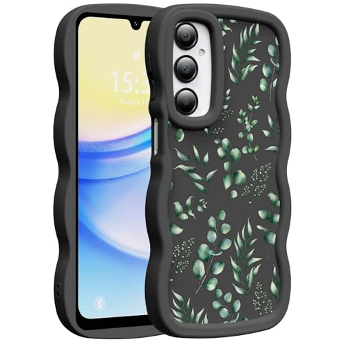 for Galaxy A15 Phone Case, Wavy Soft TPU, Black-Eucalyptus | Wavy Frame Design, Soft Slim TPU, Full Camera Lens Protection, Shockproof Phone Cover - color: Black-Eucalyptus, size: Samsung A15