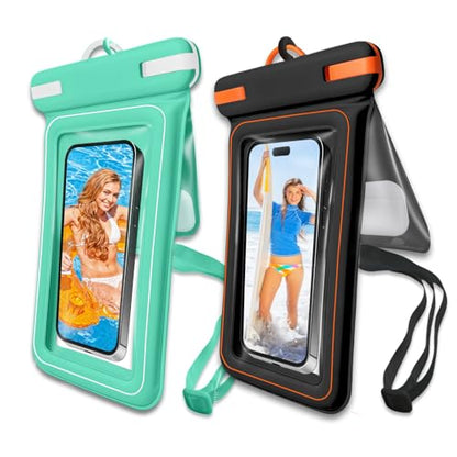 Wokyo IPX8 Waterproof Phone Pouch 2 Pack, Dual Pocket Floating Case for Devices Up to 7.2 Inch Black & Green Touchscreen Cell Phone Dry Bag Lanyard Great for Kayaking & Travel - color: BlackOrange+Green