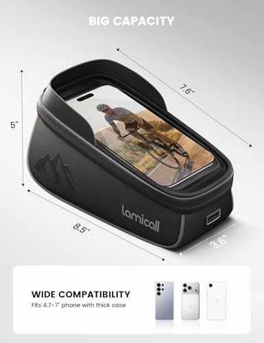 Lamicall Bike Frame Bag Waterproof - [1.6L Large Capacity] Bike Phone Bag | Bike Phone Holder Mount, Bicycle Front Bag, Cycling Pouch with Rain Cover, Bike Accessories for Phones Under 7"