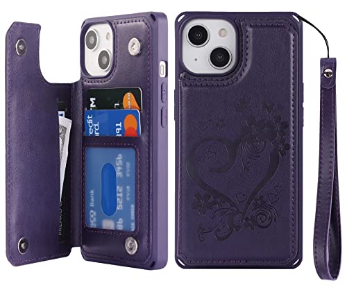 iCoverCase Compatible with iPhone 14 Wallet Phone Case with Card Holder for Women, RFID Blocking Embossed PU Leather Wrist Strap Case 6.1 Inch (Heart Dark Purple) - color: H-Dark Purple