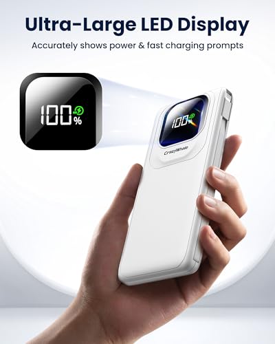 Portable Charger with Built-in Cables,22.5W Super Fast Charging Power Bank Slim Phone Charger,10000mAh Travel Battery Pack Battery Bank with Smart LED Display for iPhone, Android & USB-C - color: White