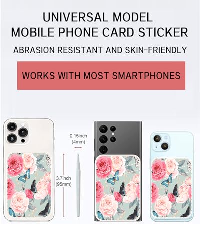 Dual Pocket Leather Phone Wallet Adhesive Stick On, Cute Card Holder for Credit Cards, Compatible with Most Phones - Cute Rose Butterfly - color: Cute Rose Butterfly