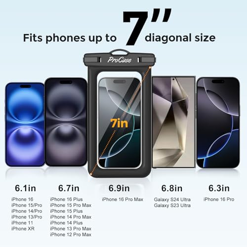 ProCase 2 Pack Floating Waterproof Phone Pouch, IPX8 Dry Bag for 7" Phones | Fits iPhone 17/16/15/14, Galaxy S24/S23 & Pixel 8/7. Touchscreen Waterproof Pouch for Swimming, Diving & Snow -Black - color: Black