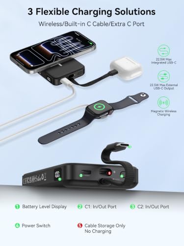GREPRO Magnetic Power Bank, 10000mAh Built-in 22.5W USB-C Cable for iPhone | Compatible for MagSafe Portable Charger, LED Display, for iPhone 17/17 Air/17 Pro/17 Pro Max/16/15/14/13/12 Series, AirPods