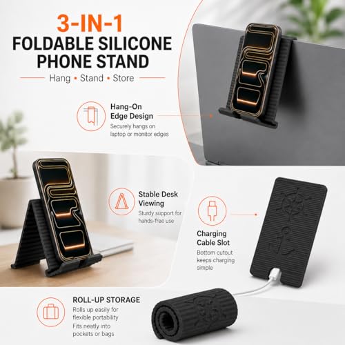 Silicone Phone Stand, Foldable Holder with Cable Cutout, Aluminum Core - color: Black