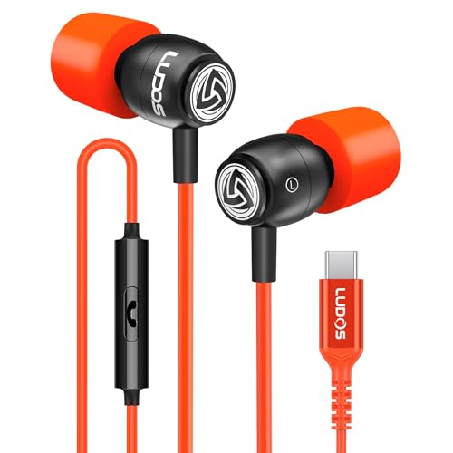 LUDOS Clamor USB C Headphones for iPhone 17 16 15 Pro Max Plus Air iPad Pro, 5 Years Warranty, USB-C Earbuds for Samsung Galaxy S26 S25 S24 S23 Ultra S22 S21 FE S20 A55 A54 A53, USB Type C Earphones - color: Coral, style: USB-C