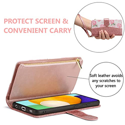 UEEBAI Wallet Case for Samsung Galaxy S24 Plus/S25 Plus 5G, PU Leather Wallet Magnetic Closure Handbag Zipper Pocket Cover Kickstand Card Slots with Hand Strap Rose Flip Case Women - Bling Rose Gold - color: Bling Rose Gold, size: Samsung Galaxy S24 Plus/