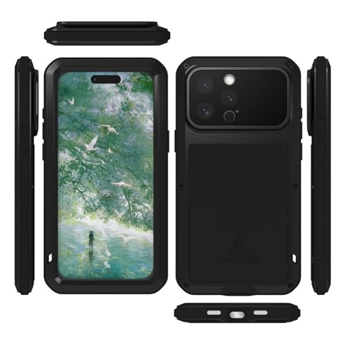 LOVE MEI Military Rugged Case for iPhone 16 Pro Max, with Tempered Glass Screen Protector, Shockproof Dustproof Scratch Proof Hybrid Metal and Silicone Gel Heavy Duty Full Body Cover Black - color: Black