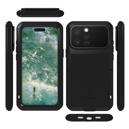 LOVE MEI Military Rugged Case for iPhone 16 Pro Max, with Tempered Glass Screen Protector, Shockproof Dustproof Scratch Proof Hybrid Metal and Silicone Gel Heavy Duty Full Body Cover Black - color: Black