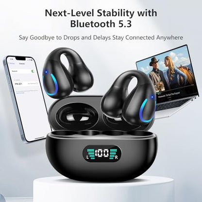 Open Ear Bone Conduction Headphones Bluetooth 5.3 Wireless Clip On Earbuds with Digital Display Charging Case 60 Hours Playtime Sport Earphones Built-in Mic IPX7Waterproof for Running Fitness Exercise