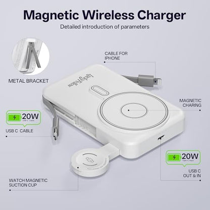Magnetic Portable Charger Built-in Cables,10000mAh Fast Charging Wireless Charger Station External Battery Pack Slim Pocket Size Power Bank with Stand Compatible with iWatch, iPhone - color: White