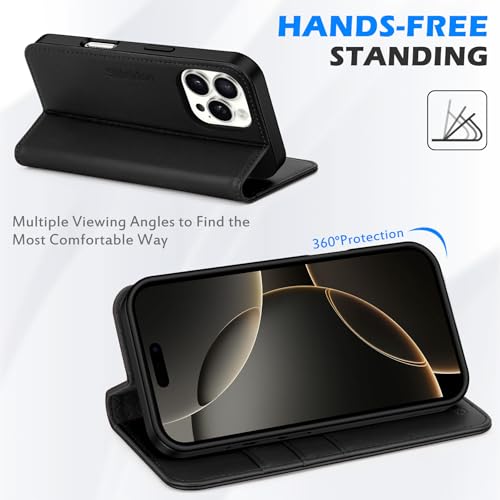 SHIELDON Genuine Leather Wallet Case for iPhone 16 Pro Max 6.9" 2024, Black | Flip Magnetic Cover, Kickstand, RFID Blocking, 3 Credit Card Holder, Book Design, Shockproof, Soft Inner Phone Case - color: Black