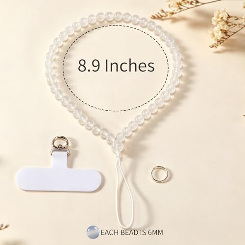 Agate Beaded Phone Wrist Strap for Women Men Stone Beads Charm Handmade Cellphone Chain Lanyard with Tether Tab - color: White-2, size: 6mm Beads