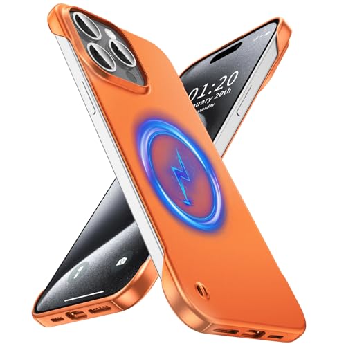 GRECAZO Magnetic Frosted Frameless Case for iPhone 15 Pro Max, Orange | Compatible with MagSafe, Metallic Finish, Hard PC Cover, Ultra Thin Lightweight Minimalist Borderless, Slim Fit, 6.7-Inch - color: Orange, size: iPhone 15 Pro Max