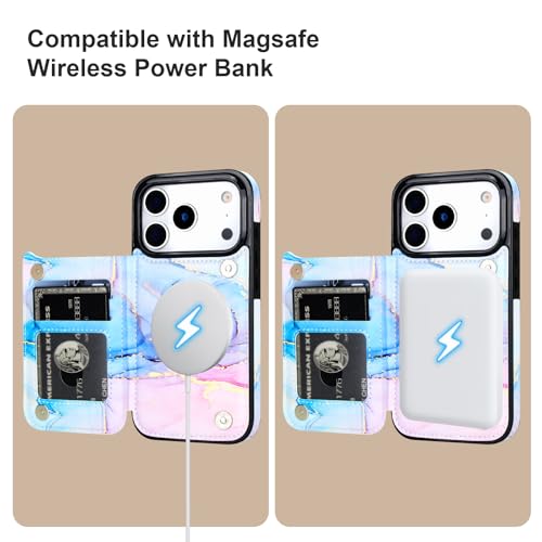 HAOPINSH Wallet Case for iPhone 17 Pro, Compatible with MagSafe Wireless Charging, Pink Blue Marble Pattern Back Flip Folio PU Leather Kickstand Card Slots Case Double Magnetic Clasp Cover 6.3" - color: Pink Blue Marble for MagSafe