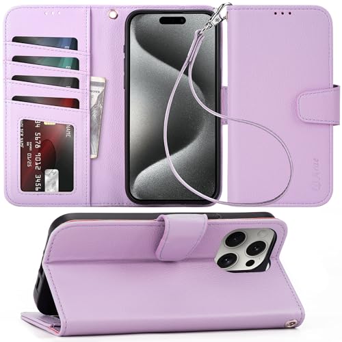 Arae Compatible with iPhone 15 Pro Max Case with Card Holder and Wrist Strap Wallet Flip Cover for iPhone 15 Pro Max 6.7 inch Men RFID Blocking Wristlet Kickstand,Litchi Lavander - color: Litchi Lavander, size: iPhone 15 Pro Max 6.7 inch