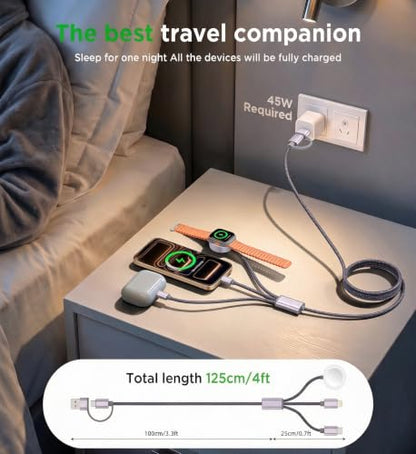 2Pack Travel Essentials for Apple Watch Charger,3-in-2 Multi Charging Cable - color: Gray, size: 2Pack-4FT