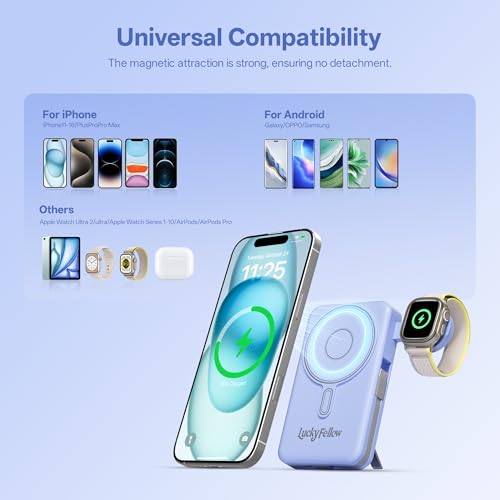 Magnetic Portable Charger Built-in Cables,10000mAh Fast Charging Wireless Charger Station External Battery Pack Slim Pocket Size Power Bank with Stand Compatible with iWatch, iPhone - color: Dark Blue