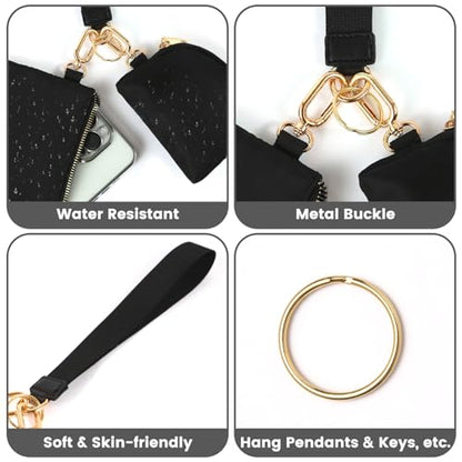 Mini Zip Around Wristlet Wallet, Dual Pouch Keychain Coin Purse for Women | Phone wallet design, detachable pouches, waterproof nylon, zipper closure, card holder, travel and daily essentials organizer - color: Black+Gold