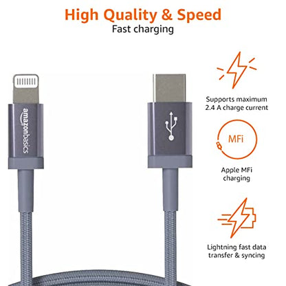 Amazon Basics MFi Certified USB-C to Lightning Cable, Fast Charging with Power Delivery for Apple iPhone and iPad, Nylon Braided, 3 Foot, Dark Gray - color: Dark Gray, size: 3 ft