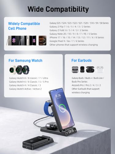 Wireless Charger for Samsung S25 with Clock 3 in1 Foldable Charging Station - color: Black