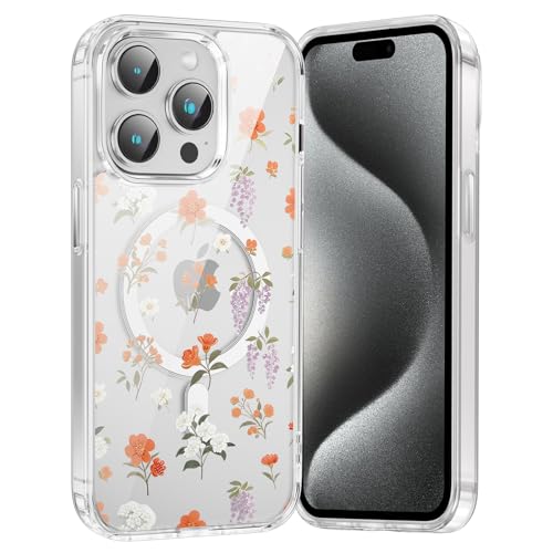 for iPhone 16 Pro Max Magnetic Case Cute Clear Flower Pattern Case, Aesthetic Spring Floral for Girls Women, Soft TPU Clear Slim Anti-Drop Shockproof Protective Phone Cover - Orange Flower - color: Orange Flower, size: iPhone 16 Pro Max