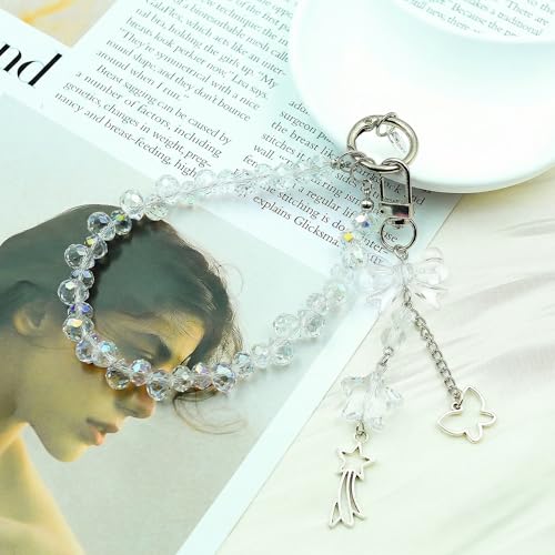 Crystal Beaded Phone Wrist Strap, Cute Cellphone Lanyard Chain, Bow Keychain Wristlet Bag Charms for Women - color: Bow/White