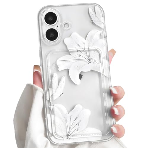 NITITOP Compatible for iPhone 17 Case with Card Holder Clear Cute Floral Lily Flowers Butterfly for Women Girls Soft TPU Shockproof Wallet Case Protective Phone Cover - White - color: White, size: iPhone 17