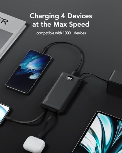 VRURC Portable Charger, 20W PD Fast Charging Power Bank Built in 4 Cables - color: Black