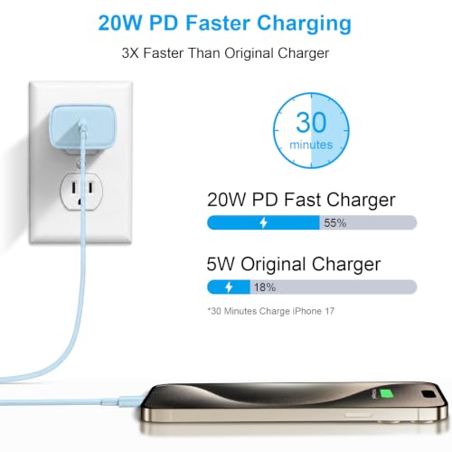 iPhone 17 16 15 Charger Fast Charging 6FT - 20W USB C Charger Block - color: Blue, size: 6FT
