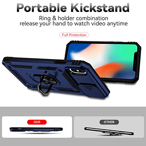 for iPhone XS Max Case with Camera Lens Cover HD Screen Protector, Dual Layer Military Grade Drop Protection Magnetic Ring Holder Kickstand Protective Phone Case for iPhone XS Max 6.5 inch (Navy Blue) - color: Navy Blue with camera cover Military-Grade 2n