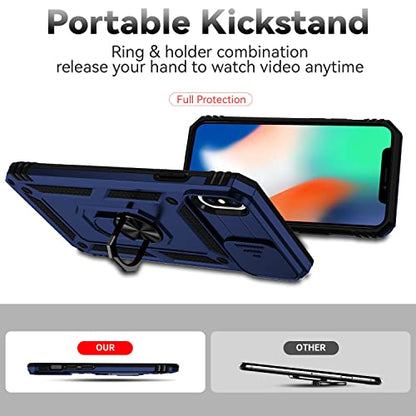 for iPhone XS Max Case with Camera Lens Cover HD Screen Protector, Dual Layer Military Grade Drop Protection Magnetic Ring Holder Kickstand Protective Phone Case for iPhone XS Max 6.5 inch (Navy Blue) - color: Navy Blue with camera cover Military-Grade 2n