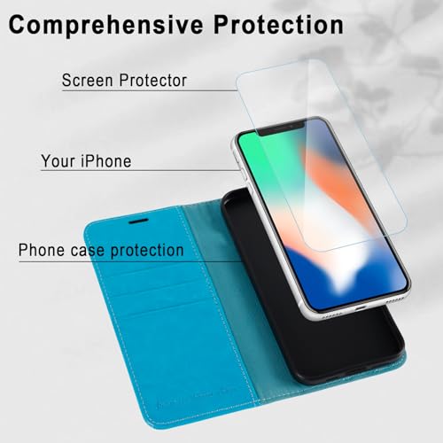 MONASAY Wallet Case for iPhone X/Xs with 3 Card Holders - Light Blue | Kickstand,RFID Blocking,6.6 feet of shock absorption,PU Leather,Strong Magnetic Closure,Fits 5.8 inch ONLY,screen Protector - color: Light Blue