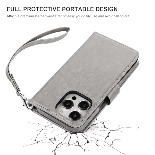 Bocasal Detachable Wallet Case Card Holder for iPhone 15 Pro, Grey | RFID Blocking Kickstand Card Slots Holder PU Leather Magnetic Shockproof Wrist Strap Removable Flip Protective Cover 6.1 inch - color: Gray