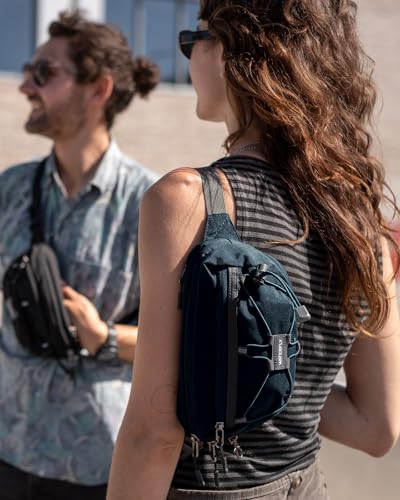 WATERFLY Small Fanny Pack RFID Blocking Travel Hiking Crossbody Waist Bag | Anti-theft design, Water resistant, Lockable zipper, Hidden rear pocket, Lightweight hip belt bag, EDC Running, Cycling, Gym - color: Dark Blue