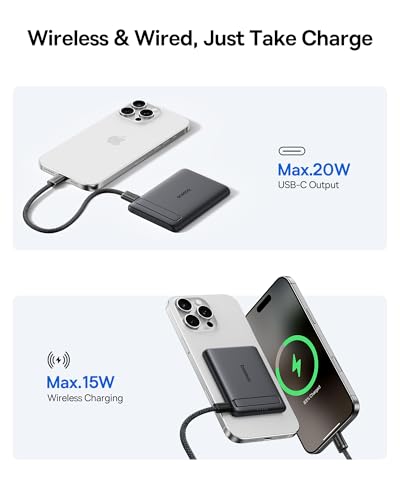 Baseus Picogo Power Bank, Smallest Qi2 Certified 15W MagSafe Portable Charger, 0.5" Ultra Slim 5000mAh Magnetic Battery Pack with Stand, Alloy Wireless Charger for iPhone 17 Pro Max/17 Air/16 Series - color: Black